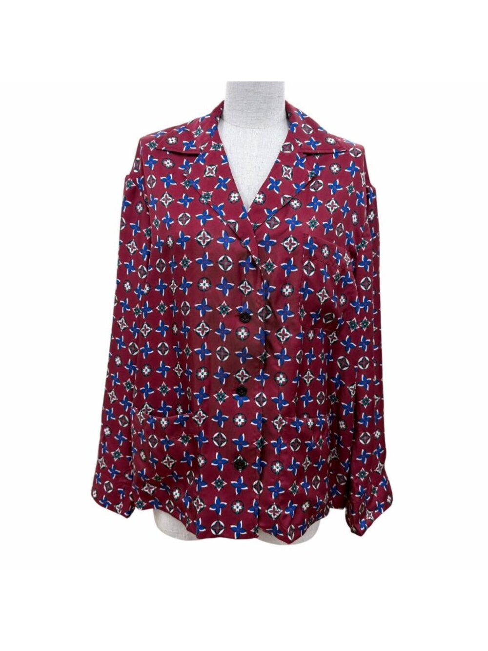 Louis Vuitton Silk 100% Monogram Long Sleeve Shirt Bordeaux Navy 34